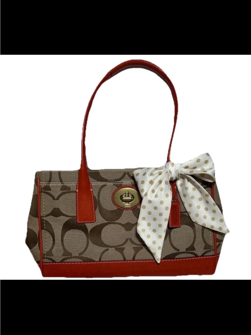 Coach Madeline Shoulder Bag, Signature Brown/Beige, Vermillion Leather Trim, Bow
